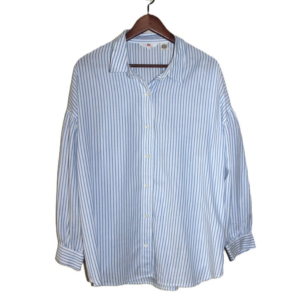 LEVI'S® Balloon-Sleeve Striped Button-Up Shirt in Blue & White